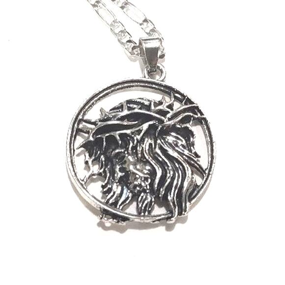 Silver Crown of Thorns Head of Jesus Christ Cross Pendant  925 Silver Necklace Figaro Jesus Crown of Thorns Christian Catholic Pendant Gift